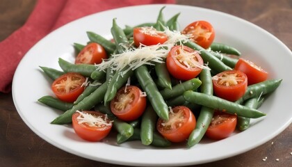 Warm salad with green beans, tomatoes and parmesan cheese
