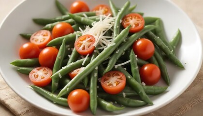 Warm salad with green beans, tomatoes and parmesan cheese