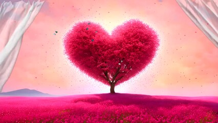 Tree of heart with butterflies in the pink flower field