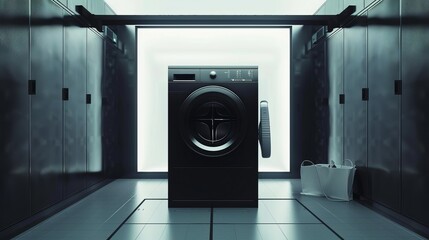 Minimalist futuristic laundry room, matte black smart washing machine