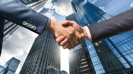 Corporate handshake with a city skyline in the background symbolizing professional agreements.