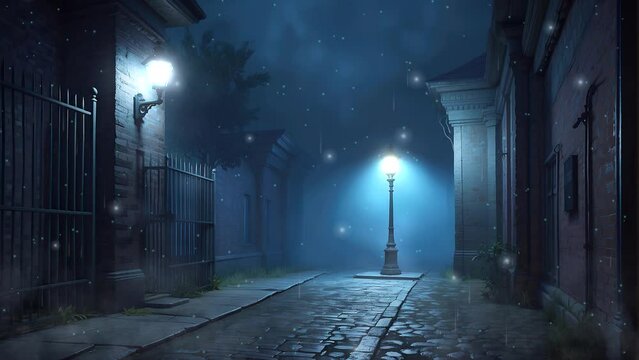 Step into the enchanting ambiance of an old town street at night, where fog drifts lazily under the gentle glow of moonlight in this captivating 4K looping video