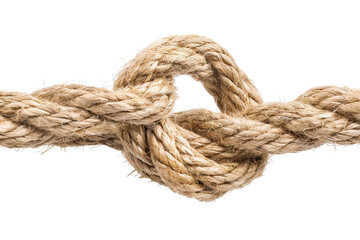 A close-up of a robust knot tied in a thick rope, showcasing texture and technique. isolated on white background