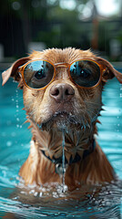 dog wearing sunglasses in a pool