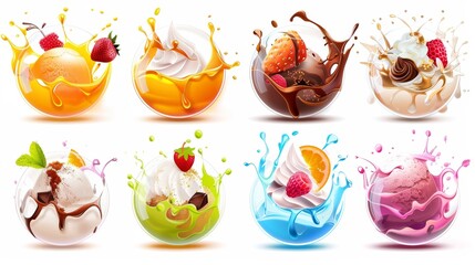 This realistic modern illustration depicts a sphere scoop of ice cream sundae or sorbet in 3D isolated style, a cold summer milk dessert with various flavors. - obrazy, fototapety, plakaty