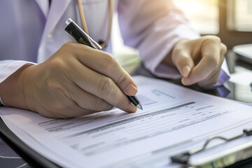 Fototapeta premium Female doctor writing and filling a prescription for her patient, medical insurance claim form, healthcare and medicine concept