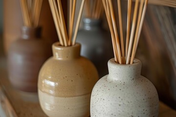 Fototapeta na wymiar luxury home decor product photography closeup of ceramic reed diffusers in earth tones handcrafted collection mockup