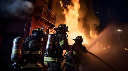 firefighters in action - obrazy, fototapety, plakaty