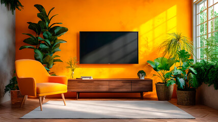 Mockup TV in modern living room with armchair and plant on yellow wall, generated AI