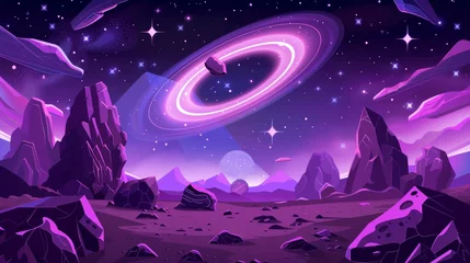 Rollo Animated image of a cosmic background, alien planet desert landscape with deep clefts in mountain faces, rocks, stars, and a glowing halo. Extraterrestrial game fantasy scene. Cartoon illustration. © Mark