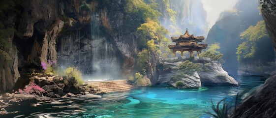 Ancient Asian pavilion at pond, artful painting style illustration with grungy brush stroke texture, Generative Ai