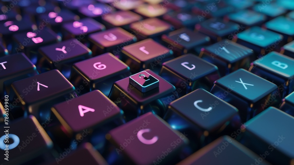 Poster cybersecurity and data protection are symbolized by a closed lock button on a keyboard.