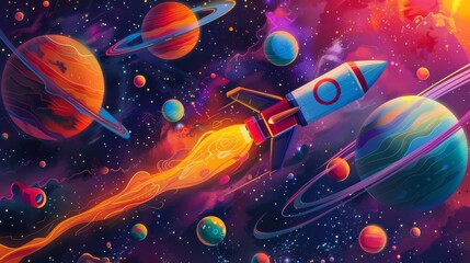 A colorful illustration of a space-themed wallpaper with a cartoon rocket soaring through a galaxy filled with vibrant planets - obrazy, fototapety, plakaty