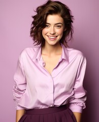 Fototapeta premium Portrait of caucasian girl, wearing a casual clothing and smiling on studio color background