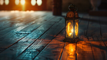Arabian lantern on wooden floor. Eid lamp or lantern 