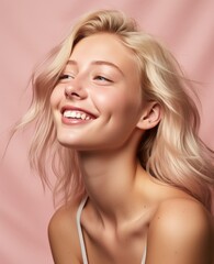 Fototapeta premium Portrait of caucasian girl, wearing a casual clothing and smiling on studio color background