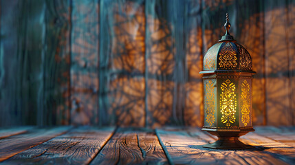 Arabian lantern on wooden floor. Eid lamp or lantern  - obrazy, fototapety, plakaty