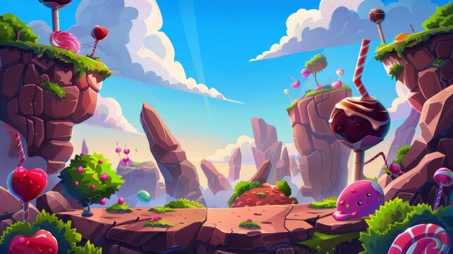 Cartoon game platform with candy planet and seamless background. Arcade UI location with sweets, desserts, chocolate and lollipops. Horizontal landscape for computer game, fairy tale scene Modern