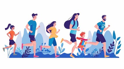 Graphik flat posters of father, mother, daughter, and son characters exercising outdoors and living a healthy lifestyle.