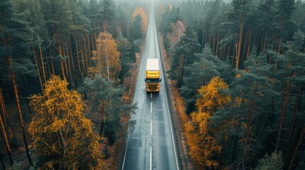 Yellow Bus Driving Through Tree-Lined Road