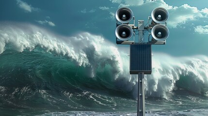 Sleek tower with solar tsunami alert horns for disaster communication in storm wave backdrop - obrazy, fototapety, plakaty