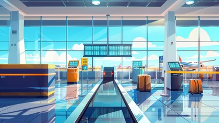 The conveyor belt at an airport rides through a scanner, inspects the luggage and displays schedules near the security checkpoint and has a large window with a landing plane in it, Cartoon modern - obrazy, fototapety, plakaty