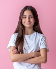 Fototapeta premium Portrait of caucasian girl, wearing a casual clothing and smiling on studio color background