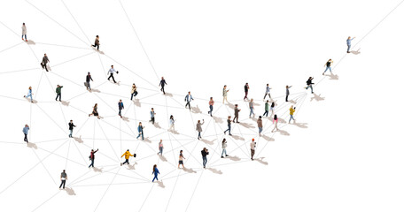 Aerial view on crowd of people in motion connected with line symbolizing communication in modern world. Concept of Internet, online services, social media, technology - obrazy, fototapety, plakaty