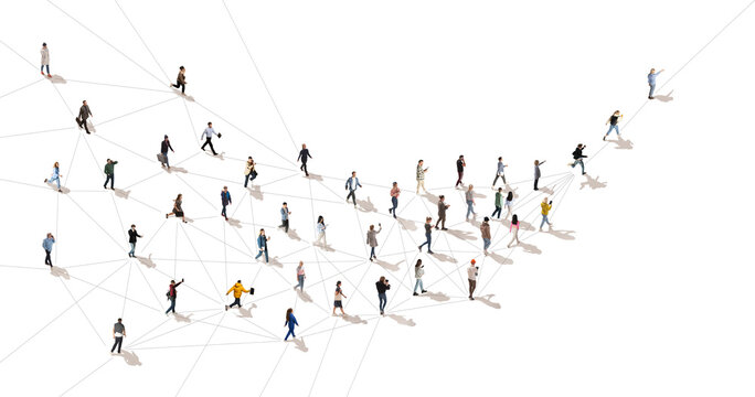 Aerial view on crowd of people in motion connected with line symbolizing communication in modern world. Concept of Internet, online services, social media, technology