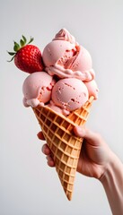 Delicious Strawberry Ice Cream Scoop on Waffle Cone Held by Hand, Sweet Summertime Treats