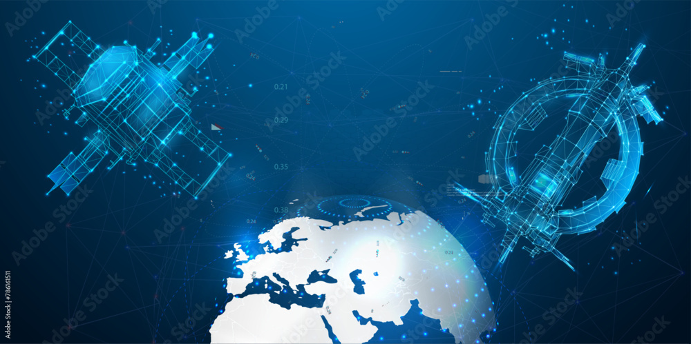 Leinwandbilder futuristic satellite and abstract global network design. digital connections and data exchange over 
