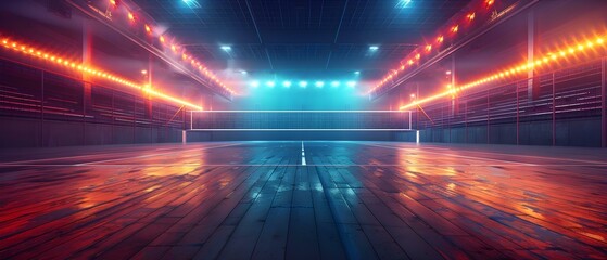 Futuristic Volleyball Arena with Neon Ambiance and 3D Tech Flair. Concept Futuristic Arena, Neon Ambiance, 3D Tech Flair, Volleyball Theme