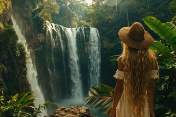 Woman Standing in Front of a Waterfall - obrazy, fototapety, plakaty