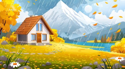 The cottage appears to be in the rain at a natural landscape background, with peaks, lakes and yellow autumn fields. The house has a wooden roof and is in the rain, as a villager hut. Modern - obrazy, fototapety, plakaty