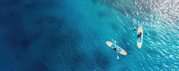 Arial view of the paddleboard on the very beautiful and clear sea. - obrazy, fototapety, plakaty