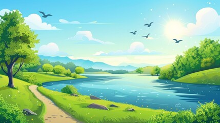 Modern illustration of a summer landscape with blue lake and green field. Illustration shows cartoon trees on river bank, footpath to water, birds flying high in sunny sky, and hills in the distance.