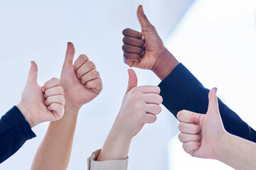 People, diversity and thumbs up for teamwork, collaboration and partnership for success and...