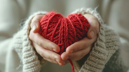 Greeting card depicting love and concern. A woman knits a red heart for her loved one. - obrazy, fototapety, plakaty