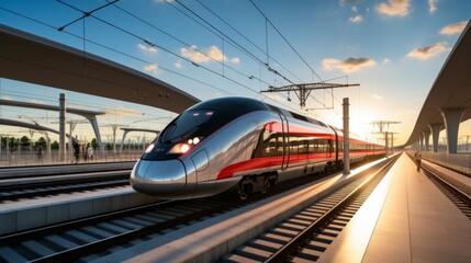 Fototapeta premium A sleek high-speed train approaches a station during sunset, epitomizing modern transportation and travel.