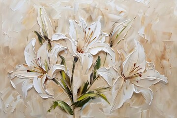 white lily flowers oil painting on beige background impasto palette knife strokes floral still life art