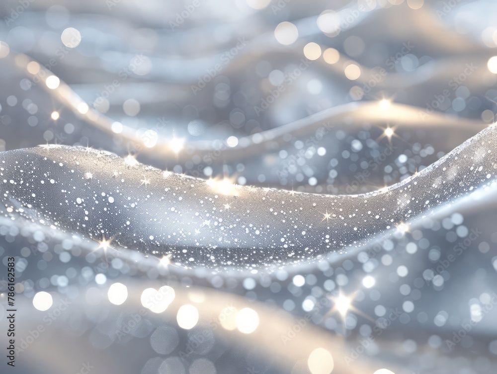Poster a snowy landscape with a silver fabric draped over it. the fabric is covered in glitter, giving it a