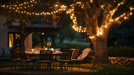 Fototapeta na wymiar House park outdoor table and chairs dinner with lights on tree