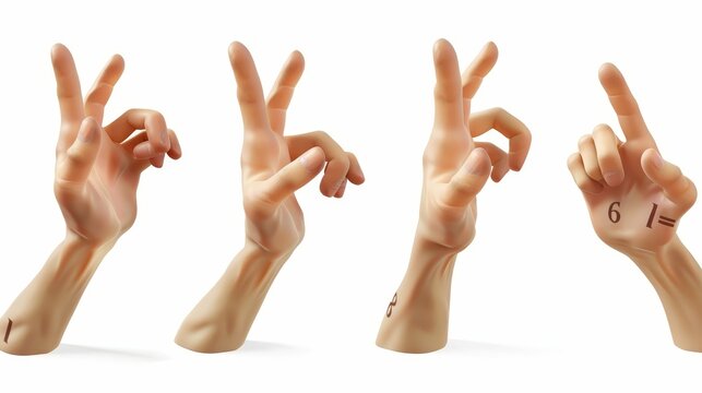 Counting fingers in a 3d rendering. Communication, number gesture concept. One, two, three, four, five isolated illustration in a 3D render.