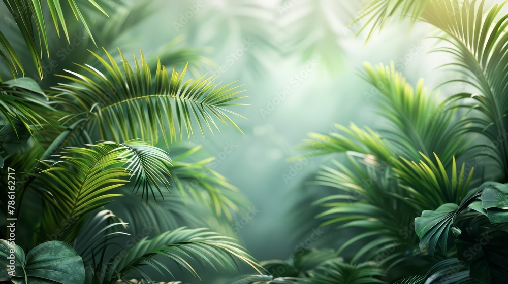 Poster a lush green jungle with palm trees and leaves. the image has a serene and peaceful mood, with the b