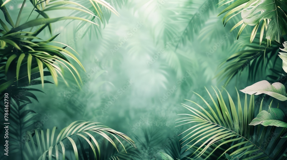 Poster a lush green jungle with a lot of leaves and plants. the image has a serene and peaceful mood, with 