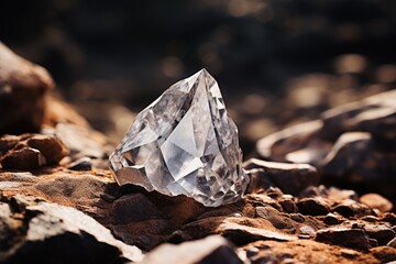 Diamond on a sandy ground. Raw diamond concept