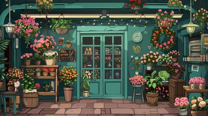 Flower shop, Cartoon background, Illustration