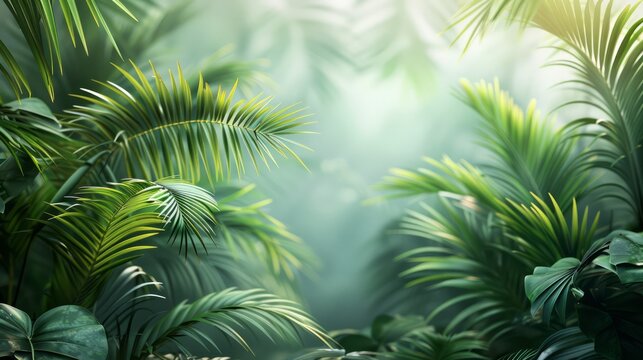 A lush green jungle with palm trees and leaves. The image has a serene and peaceful mood, with the bright green leaves and the sunlight filtering through the trees