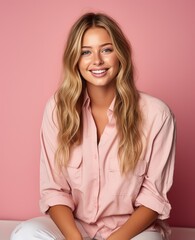 Portrait of caucasian girl, wearing a casual clothing and smiling on studio color background