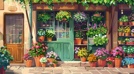 Fototapeta na wymiar Flower shop, Cartoon background, Illustration